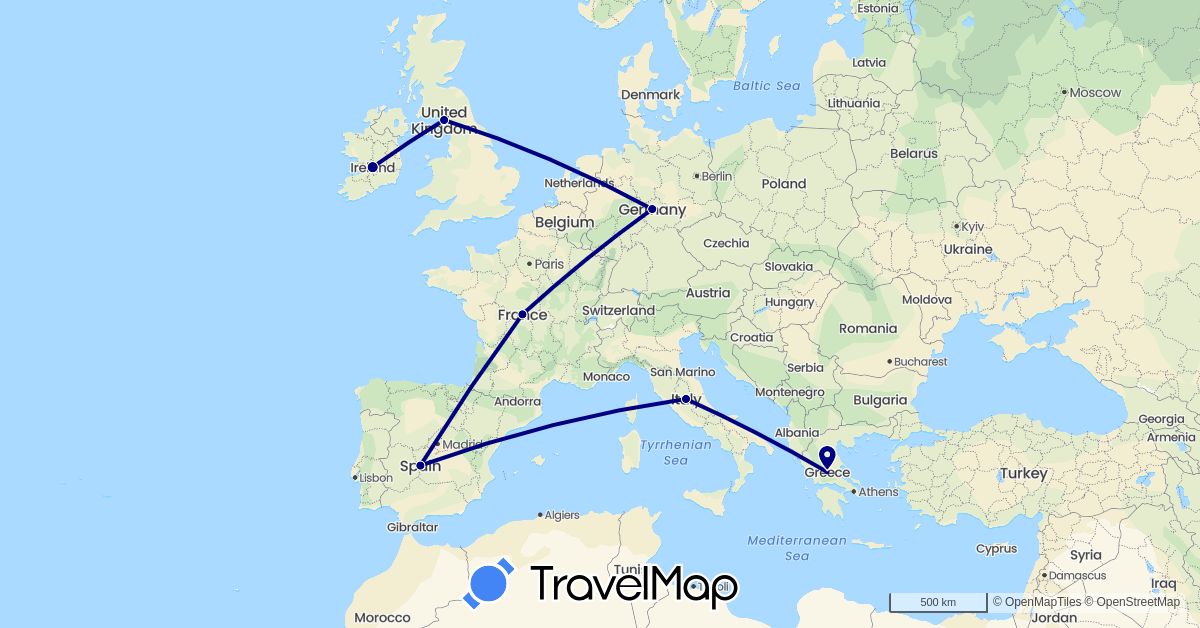 TravelMap itinerary: driving in Germany, United Kingdom, Greece, Ireland, Italy (Europe)